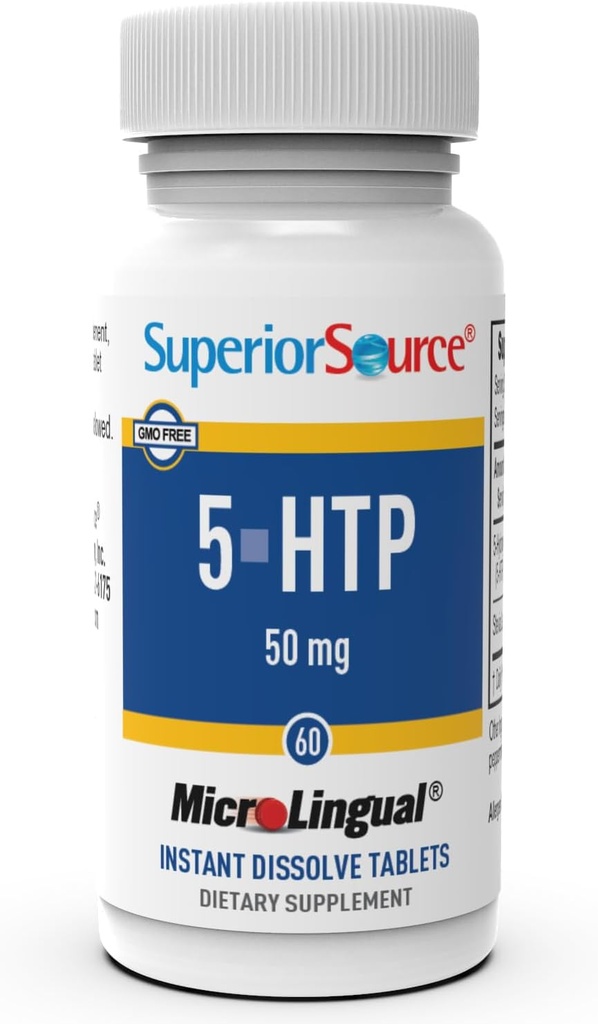 Superior Source 5-HTP 50 mg - Natural Supplement Aids Restful Sleep & Neurotransmitter Functions - Brain Health & Function Support - 5-Hydroxytryptophan Supplement - 60 Instant Dissolve Tablets