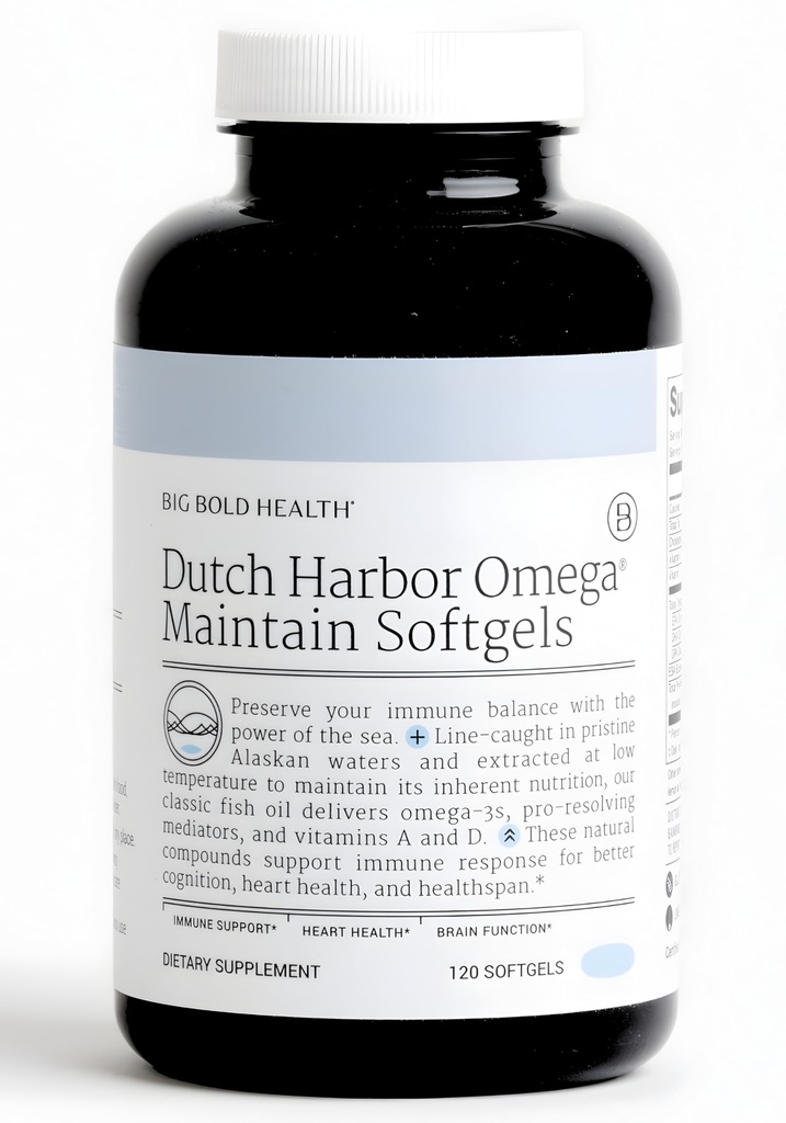Big Bold Health Dutch Harbor Omega Maintenez des softgels - Huile de foie de morue de l'Alaska (120 Count) - Supplément Omega-3 d'origine durable avec EPA, DHA, DPA - Vitamines naturelles A et D - Certifié MSC