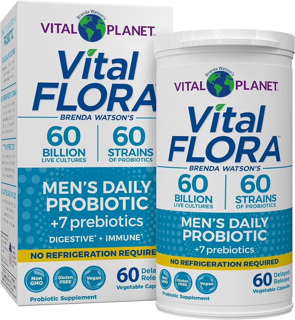 Planète Vital - Probiotiques de Flore Vital pour les hommes, 60 milliards CFU, 60 souches diverses, 7 prébiotiques organiques, Probiotique stable de la plate-forme quotidienne pour le soutien immunitaire, dégazage, santé digestive 60 capsules