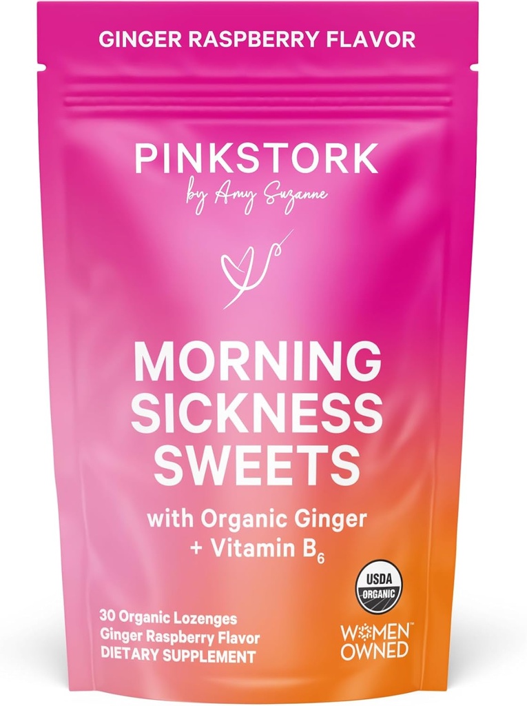 Pink Stork Morning Sickness Sweets, boîte de gingembre aux framboises biologiques avec vitamine B6, soutien de la maladie du mouvement, brûlures d'estomac prénatales - grossesse doit avoir - 30 gouttes enrobées