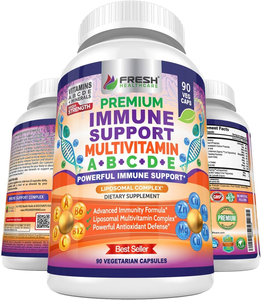 Multivitamine de soutien immunitaire pour les hommes et les femmes avec des vitamines A, B, C, D, E, B6, B12 - zinc, magnésium et cuivre avec complexe liposomique pour l'absorption accrue - Boost quotidien antioxydant - 90 capsules véganes
