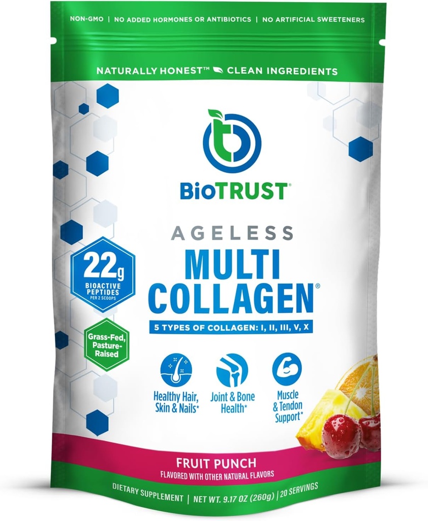 BioTrust Poudre sans âge de Peptides Multi Collagène – 5 types (I, II, III, V, X) – Poudre de Collagène Fruit pour les femmes et les hommes – Protéines hydrolysées – Boeuf herbeux, Poisson, Poulet, Membrane de coquille d'oeuf