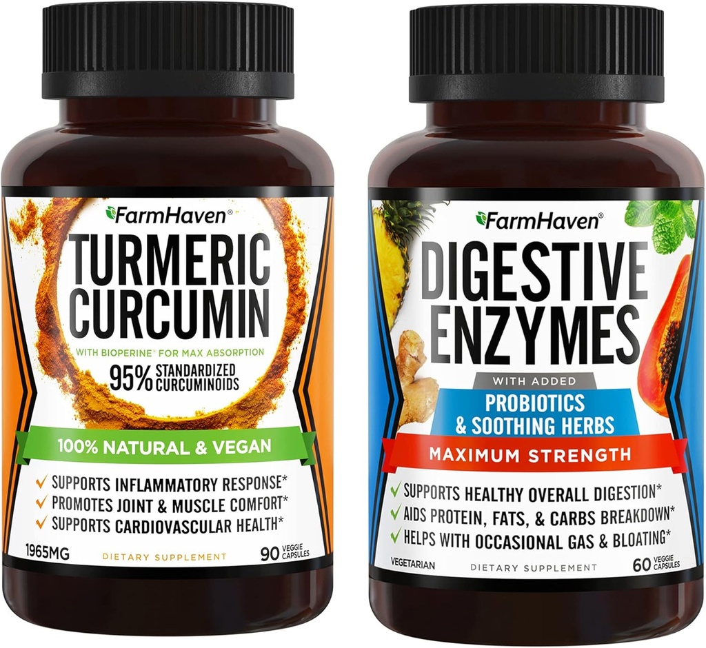 FarmHaven Curcumine curcuma avec poivre noir et enzymes digestives avec 18 probiotiques et herbes