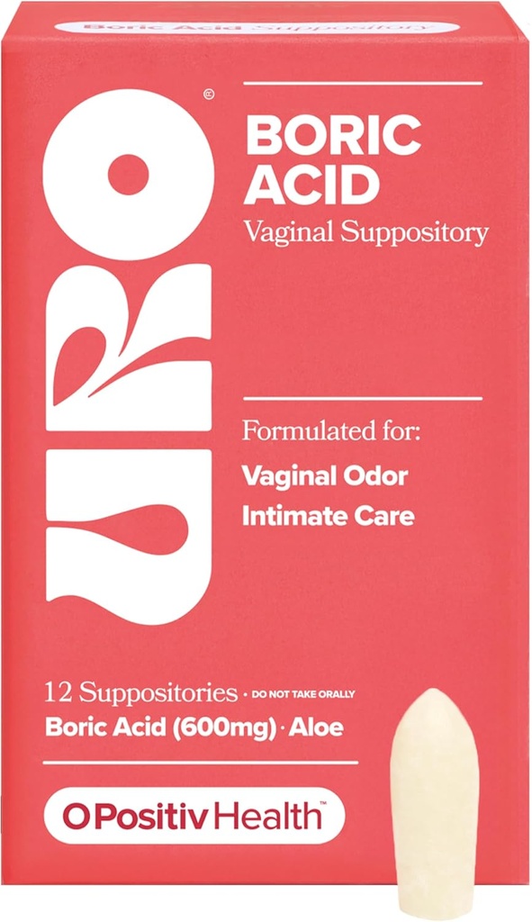 O Positiv URO Acide borique Suppositoire vaginal – avec acide lactique, et Aloe pour le soulagement rapide et le contrôle de l'odeur vaginale – végétalien, exempt de parabènes, de colorants et de fragrances – 12 Compte (paquet de 1)
