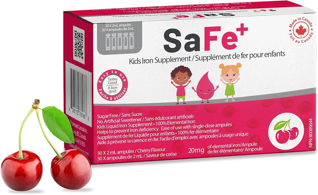 SaFe+ Liquid Iron for Children | Great Tasting Cherry Flavor | Easy to Use 20mg/2mL Iron per ampule | 30 Unit-Doses (2 ml Each) I Sugar Free & Allergen Free I Maintain Physical & Mental Wellbeing
