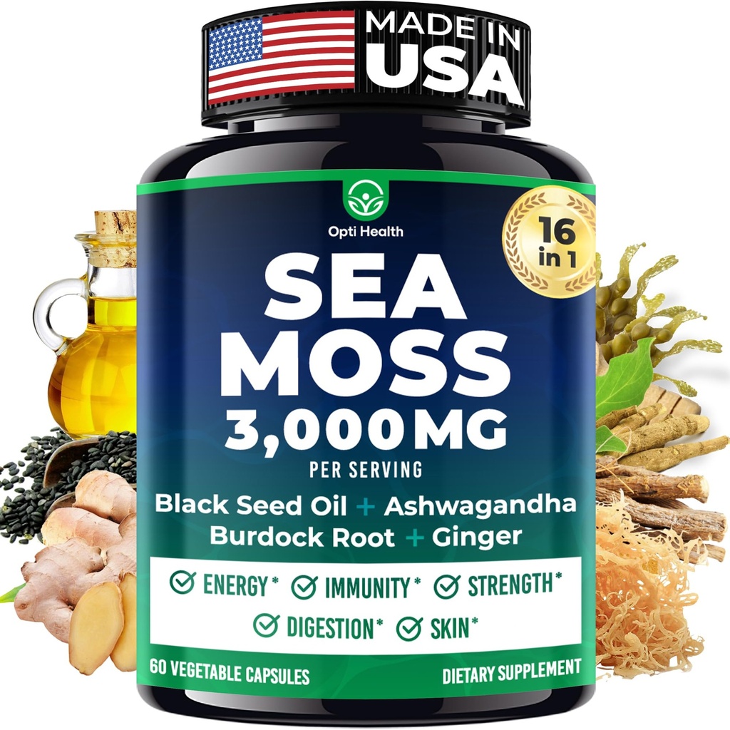 Sea Moss Black Seed Oil Ashwagandha Ginger - Capsules de mousse de mer irlandais avancé tout en un supplément avec Seamoss Black Seed Oil Ashwagandha Burdock Root Bladderwrack - Pills for Energy, Immune, Gut