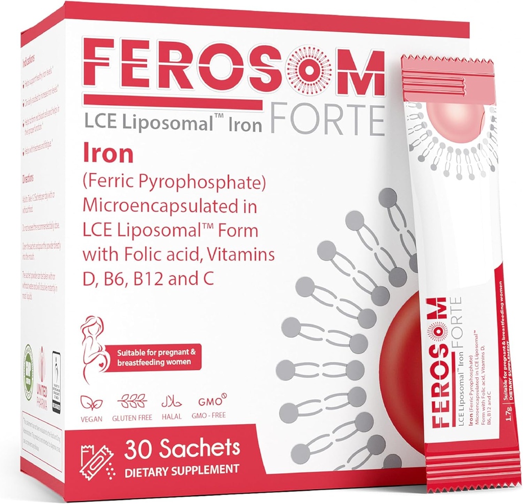 LCE Poudre de fer liposomale – 21mg Fer élémentaire avec vitamines B12, B6, C, D & acide folique – Boisson de supplément aromatisée aux baies douce, 30 sachets végétaliens