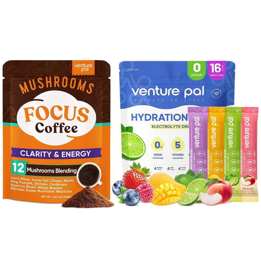 Venture Pal Mushroom Coffee & Electrolyte Powder Bundle: 12 in 1 Coffee with Ashwagandha for Focus & Immunity + Sugar-Free Electrolyte Packets with 5 Vitamins & 7 Electrolytes - 40 Servings & 16 Stick