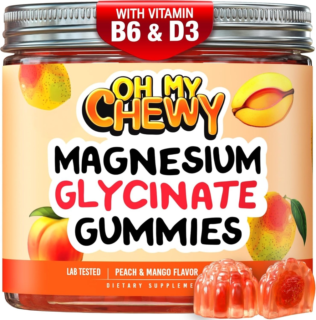 Gommies glycinées de magnésium au centre 400MG - Absorption élevée pour les enfants, les adolescents et les adultes - Supplément pour le sommeil, le calme et la relaxation musculaire avec B6 & D3 - Sans gluten et respectueux des végétaux - 60 Compte