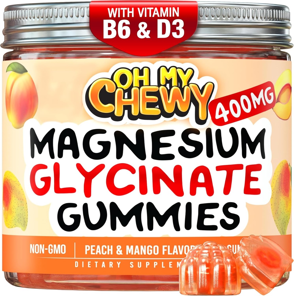 Gommies glycinées de magnésium au centre 400MG - Absorption élevée pour les enfants, les adolescents et les adultes - Supplément pour le sommeil, le calme et la relaxation musculaire avec B6 & D3 - Sans gluten et respectueux des végétaux - 60 Compte