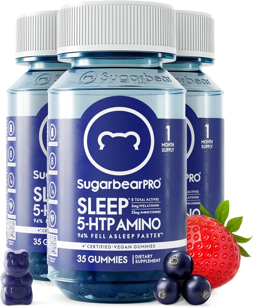 Sugarbear Sleep Gummy 3 mois d'approvisionnement, Mélatonine extra-forte 6mg, pour les hommes et les femmes, Vitamine végétalienne B6, L-Theanine, 5 HTP, Valérien, aide au sommeil pour les adultes et les adolescents, certifié Kosher, Halal, sans cruauté