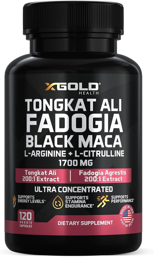 X Gold Health Tongkat Ali + Fadogia Agrestis + Black Maca – Energy, Vitality & Stamina Booster pour les hommes et les femmes fabriqués aux États-Unis