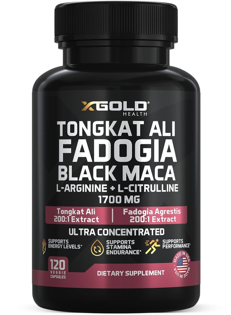X Gold Health Tongkat Ali + Fadogia Agrestis + Black Maca – Energy, Vitality & Stamina Booster pour les hommes et les femmes fabriqués aux États-Unis