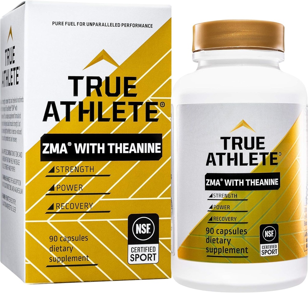 True Athlète ZMA avec Theanine – soutient la récupération musculaire, la force et le sommeil – Zinc, Magnésium, Vitamine B6 et Formule Théanine pour la relaxation et la performance (90 Capsules)