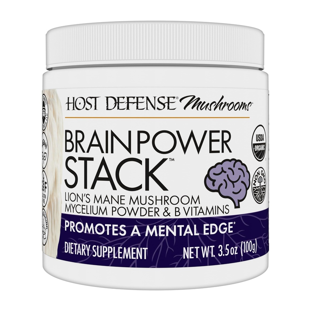 Host Defense BrainPower Stack Powder - Supplément de soutien au cerveau ciblé - Supplément de champignons en poudre avec Lion's Mane, Niacine (B3) et Vitamine B12 - Herbal Brain Support - 100g (66 portions)*
