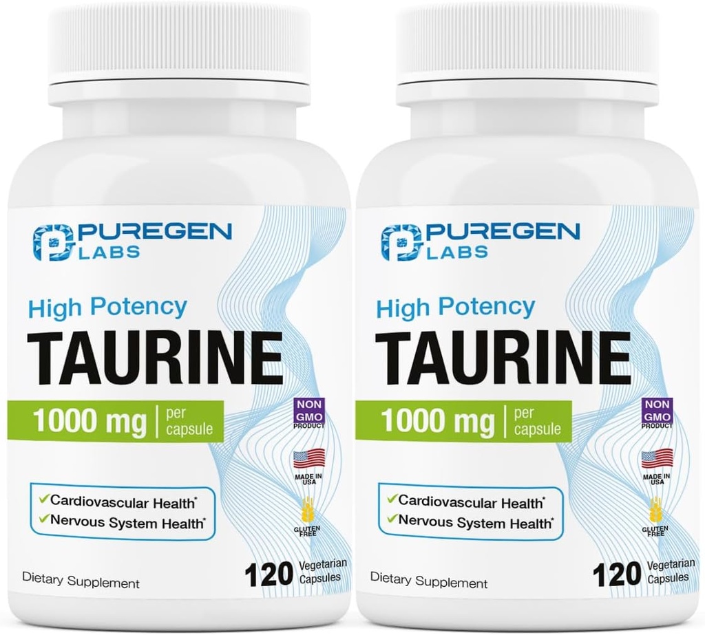 Puregen Labs Taurine 1000mg [High Potency] Total 240 Veg Capsules | No Harmful Additives | Non-GMO, NO Gluten and Dairy, Supports Heart Health and Muscle Recovery | Made in USA