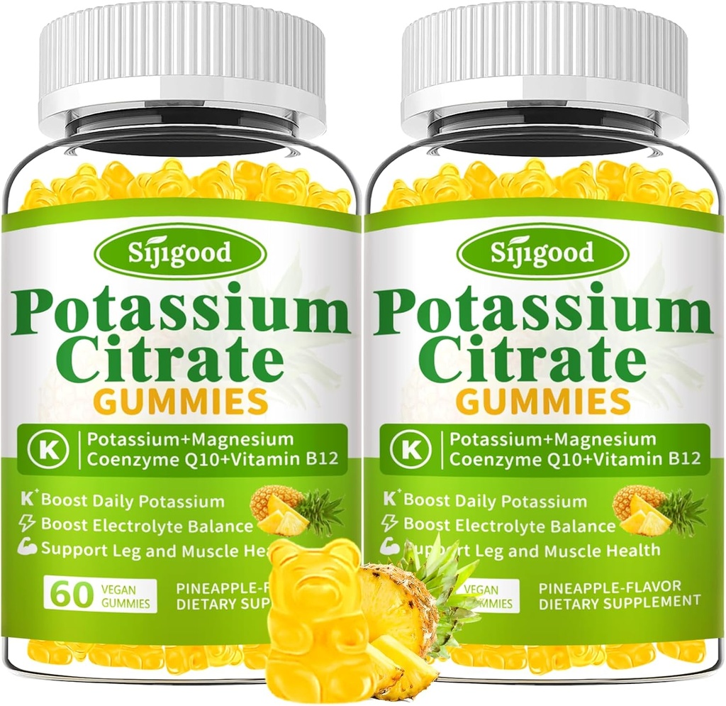 Gummées de citrate de potassium de 2 paquets – supplément de potassium de haute puissance pour la santé musculaire, soulagement de la crampe des jambes, équilibre électrolytique – végétalien, non-OGM, sans gluten, saveur d'ananas, 120 comte