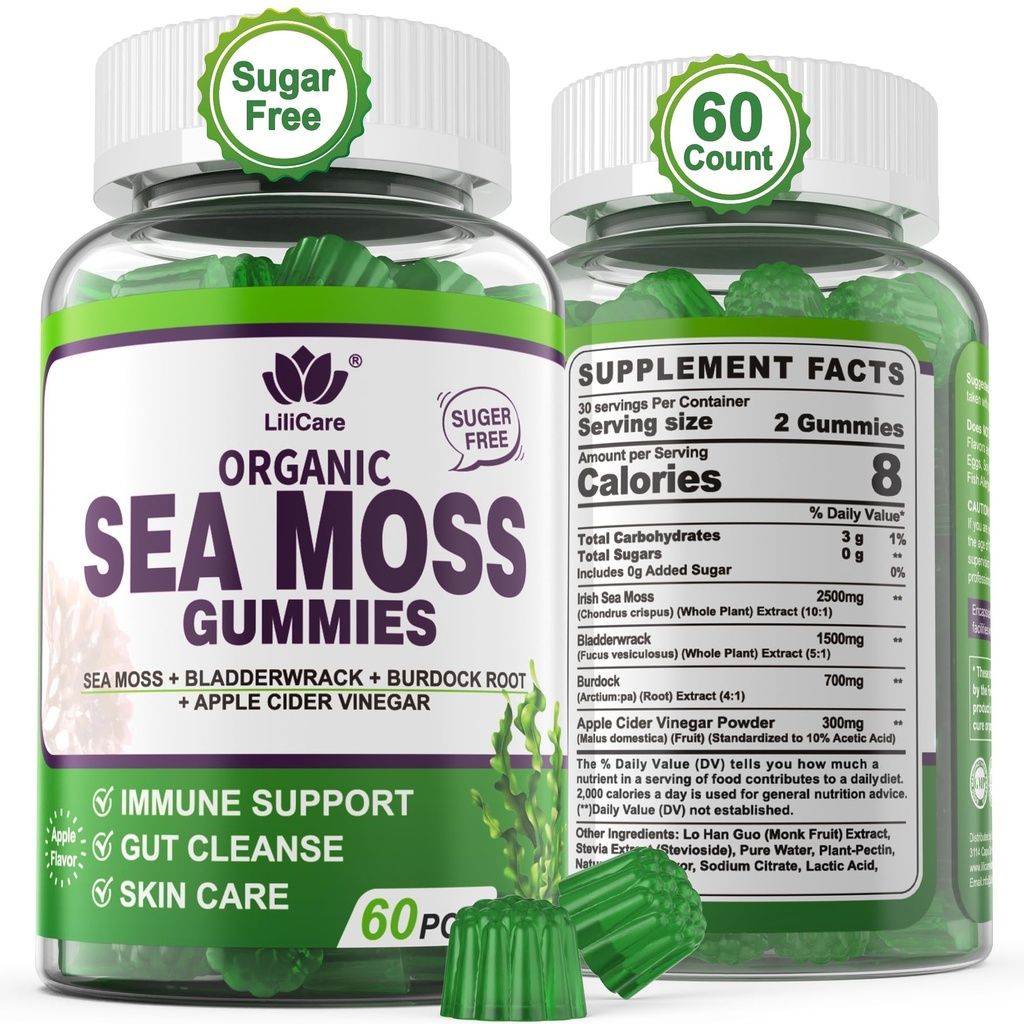 Gummées de mousse de mer - Gummées de mousse de mer irlandaise pour adultes et enfants - Supplément super-alimentaire avancé Seamoss avec extrait de racine de bradderwrack et de dard,ACV pour Immune quotidienne, Gut Cleanse, Vegan, 60 comtes
