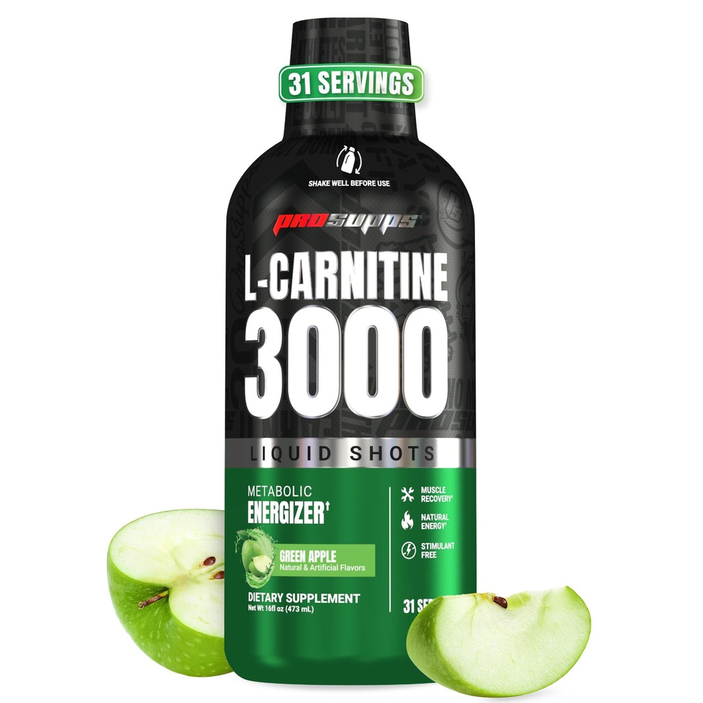 PROSUPPS L-Carnitine Liquid 3000, Tirs liquides sans stimulant pour les hommes et les femmes - boisson d'entraînement propre pour l'énergie, la performance et la récupération musculaire - Pas de sucre, pas de glucides - 31 portions, pomme verte