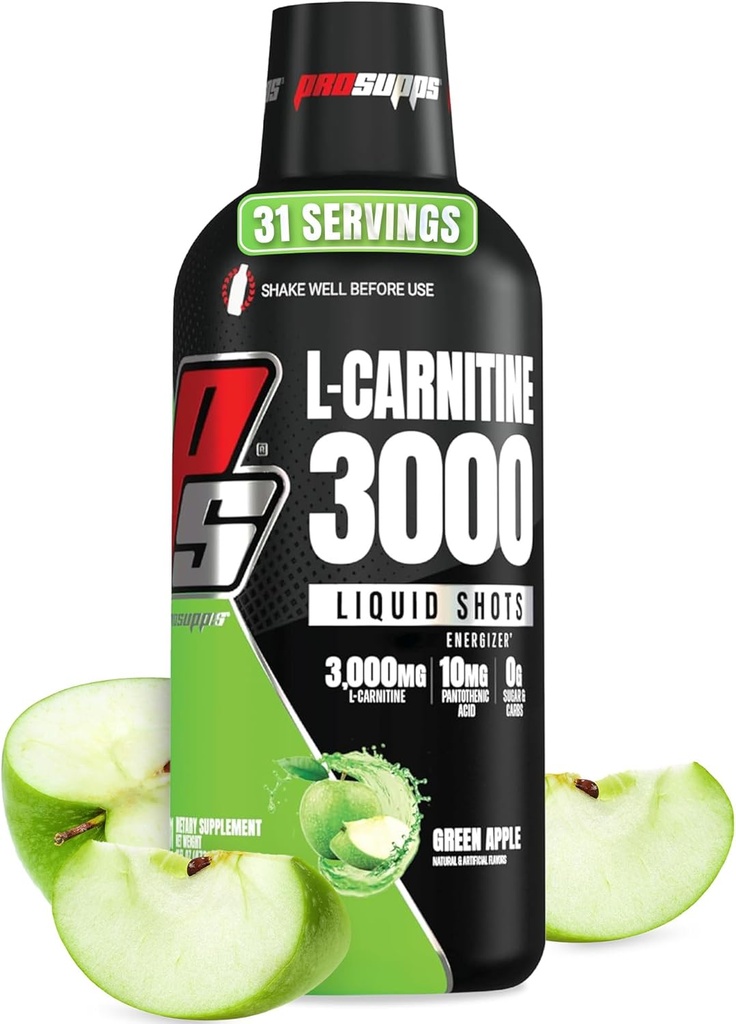 PROSUPPS L-Carnitine Liquid 3000, Tirs liquides sans stimulant pour les hommes et les femmes - boisson d'entraînement propre pour l'énergie, la performance et la récupération musculaire - Pas de sucre, pas de glucides - 31 portions, pomme verte