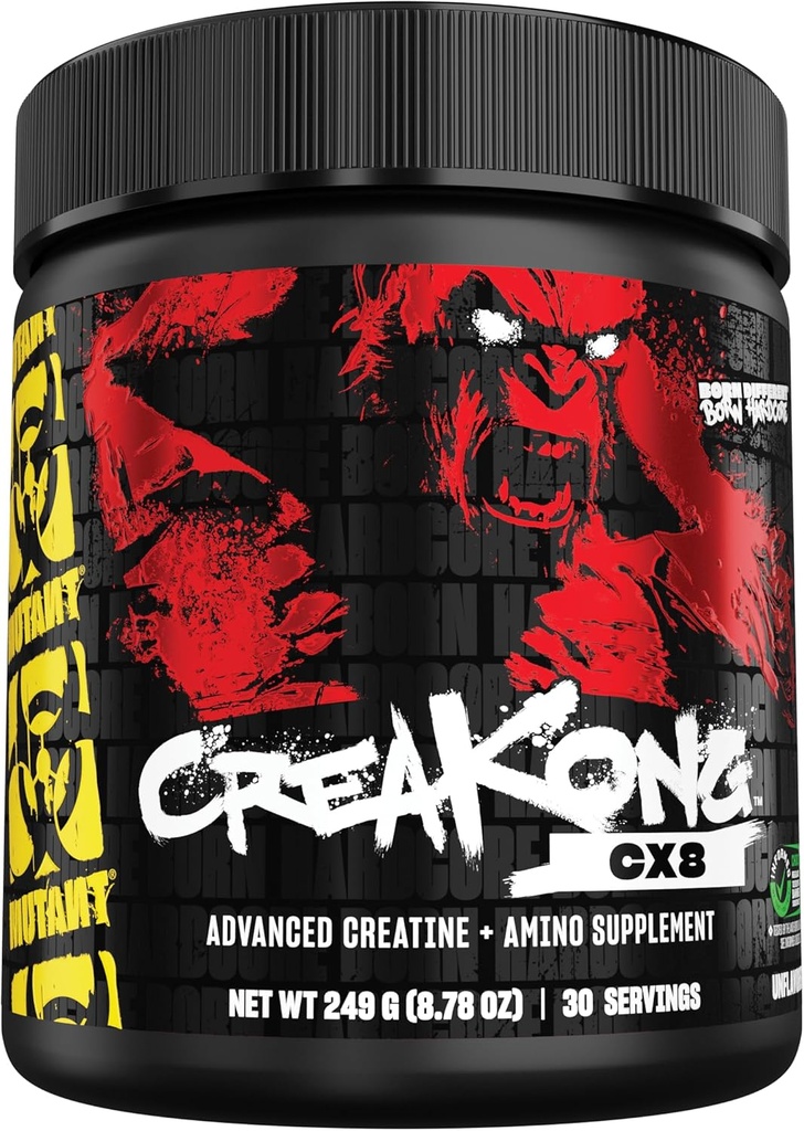 Mutant CREAKONG CX8 – Supplément creatine + amino avancé avec mélange créatine triple 4g, mélange amino 4g (BCAAs & Taurine) pour la croissance musculaire et la performance – Sans saveur, 249g (30 portions)
