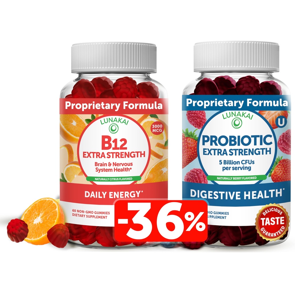 Lunakai Vitamine B12 and Probiotic Gummies Bundle - 3000 mcg Gummy for Adults Energy Support and Bone Health - 5 milliards d'UFC par portion pour la santé des gums digestifs avec vitamine C pour les femmes et les hommes
