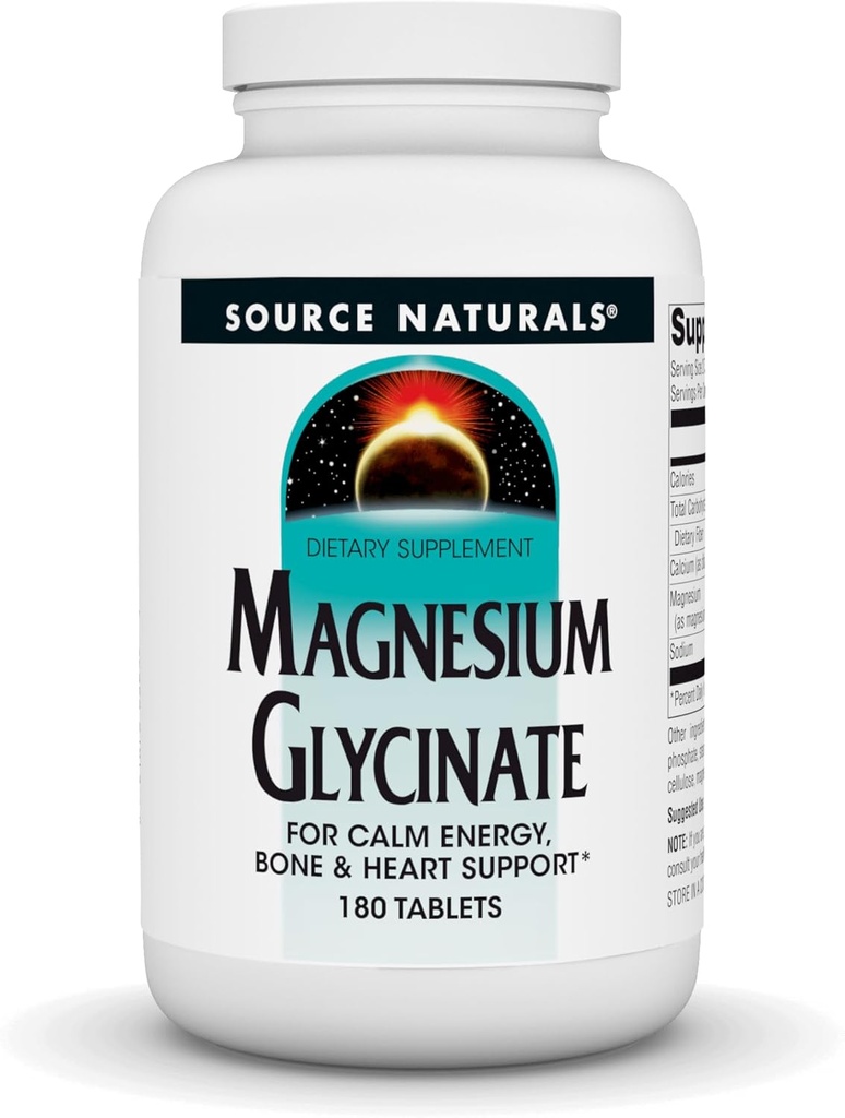 Source Naturals Magnésium Glycinate, Chélaté pour une absorption élevée pour l'énergie calme, les os et le soutien cardiaque*, 200 mg par portion - 180 comprimés