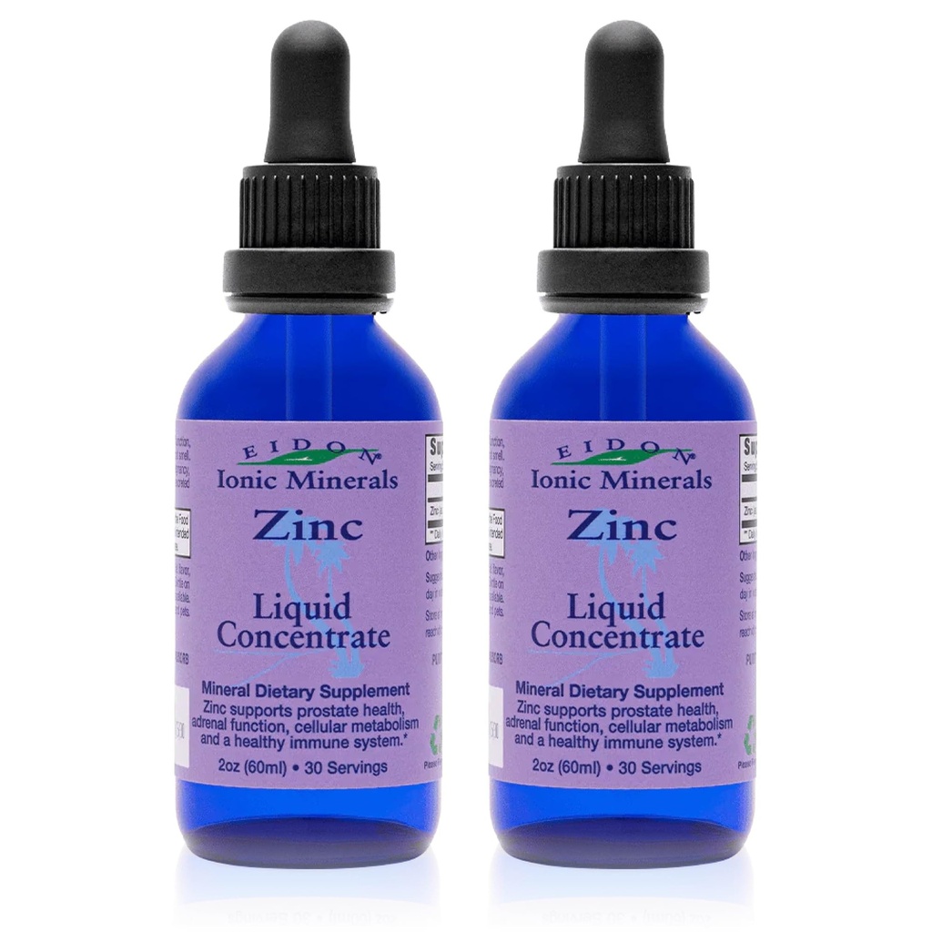 Eidon Ionic Minerals Liquid Zinc Concentrate - Ionic Zinc Sulfate Supplément gouttes pour les hommes, les femmes, et les enfants, support système immunitaire, cheveux et peau, foie et santé rénale - 2 oz, 2 pack