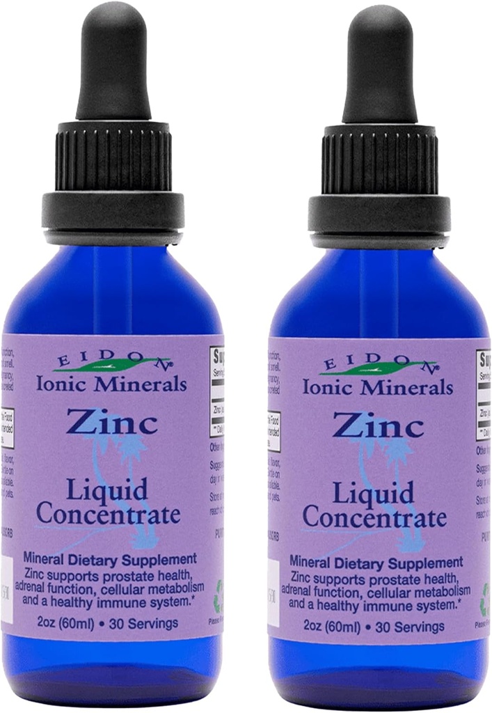 Eidon Ionic Minerals Liquid Zinc Concentrate - Ionic Zinc Supplément gouttes pour les adultes et les enfants, soutenir le système immunitaire, les cheveux et la peau, le foie et la santé rénale - 2 oz, 2 pack