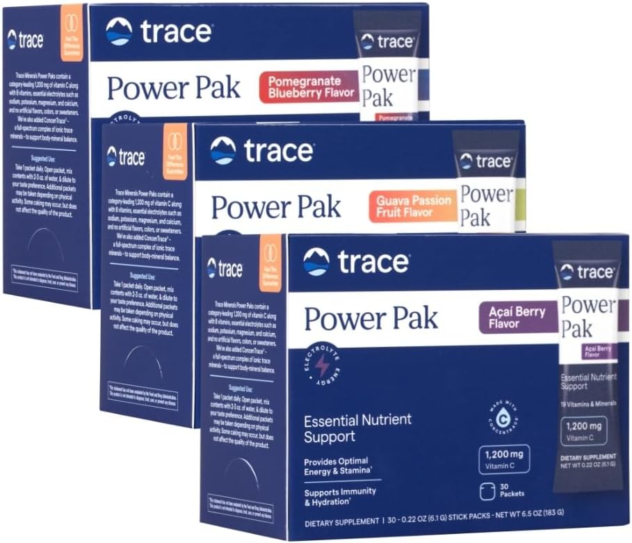 Trace Minerals Power Pak Multivitamin and Multimineral Packets - Soutien aux électrolytes - 1200 mg Vitamine C Plus 70 Acai Berry, Blueberry Pomegranate and Guava Variété - 90 Packets