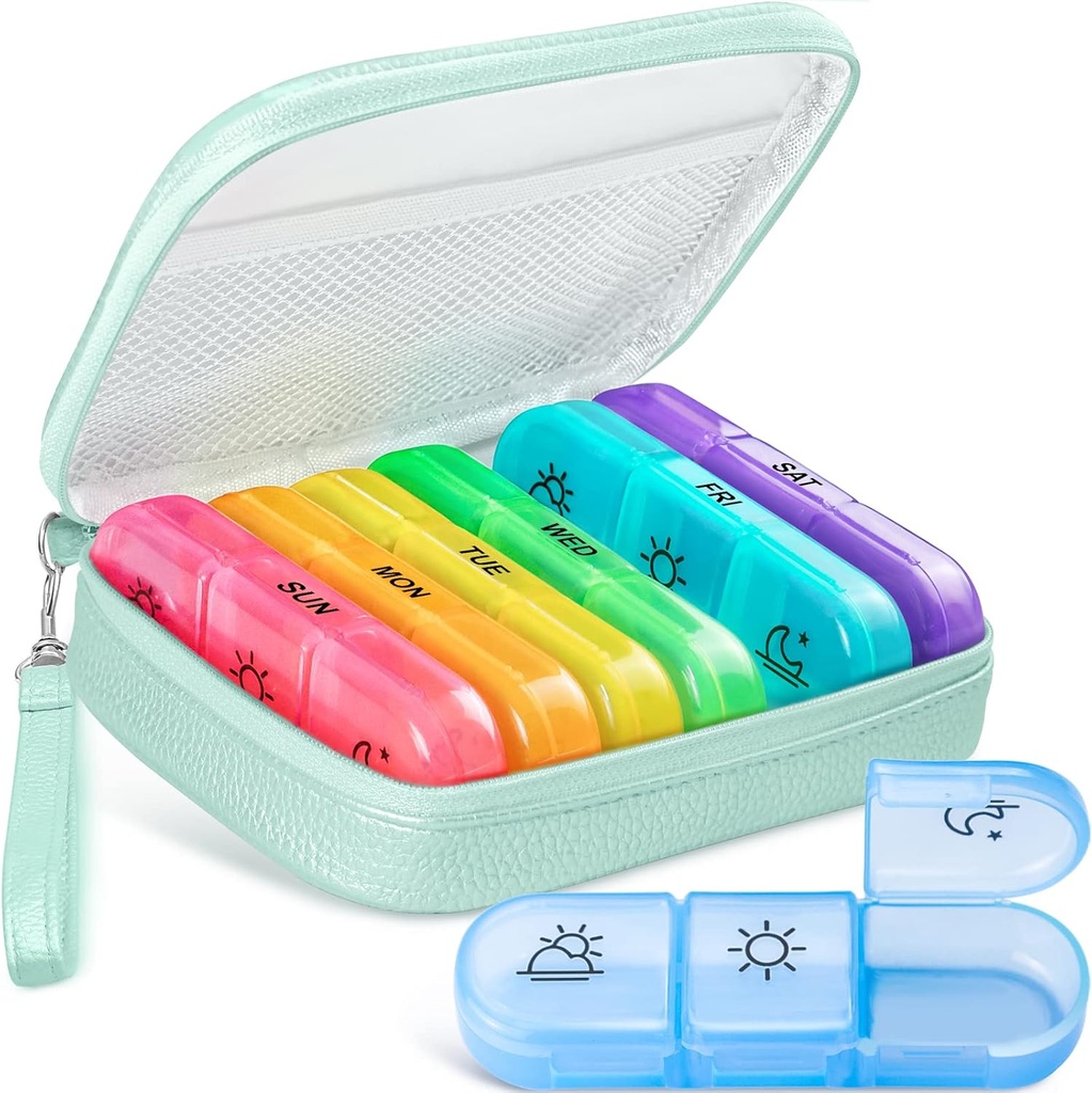 Organisateur de pilules mignon 3 fois par jour, grand cas quotidien de pilules pour les femmes, boîte à pilules portable 7 jours pour la poursuite avec sac et zipper pour tenir vitamines, médicaments, huiles de poisson, suppléments (Cyan Blue)