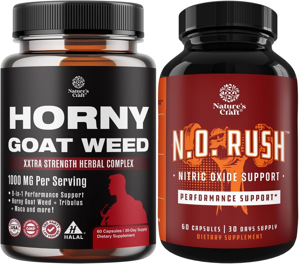 Bundle of Horny Goat Weed Extract Complex and Energizing Nitric Oxide Supplement for Men - with Tribulus Saw Palmetto L Arginine and Tongkat Ali Extract - Nitric Oxide Pills for Men with Beet Root