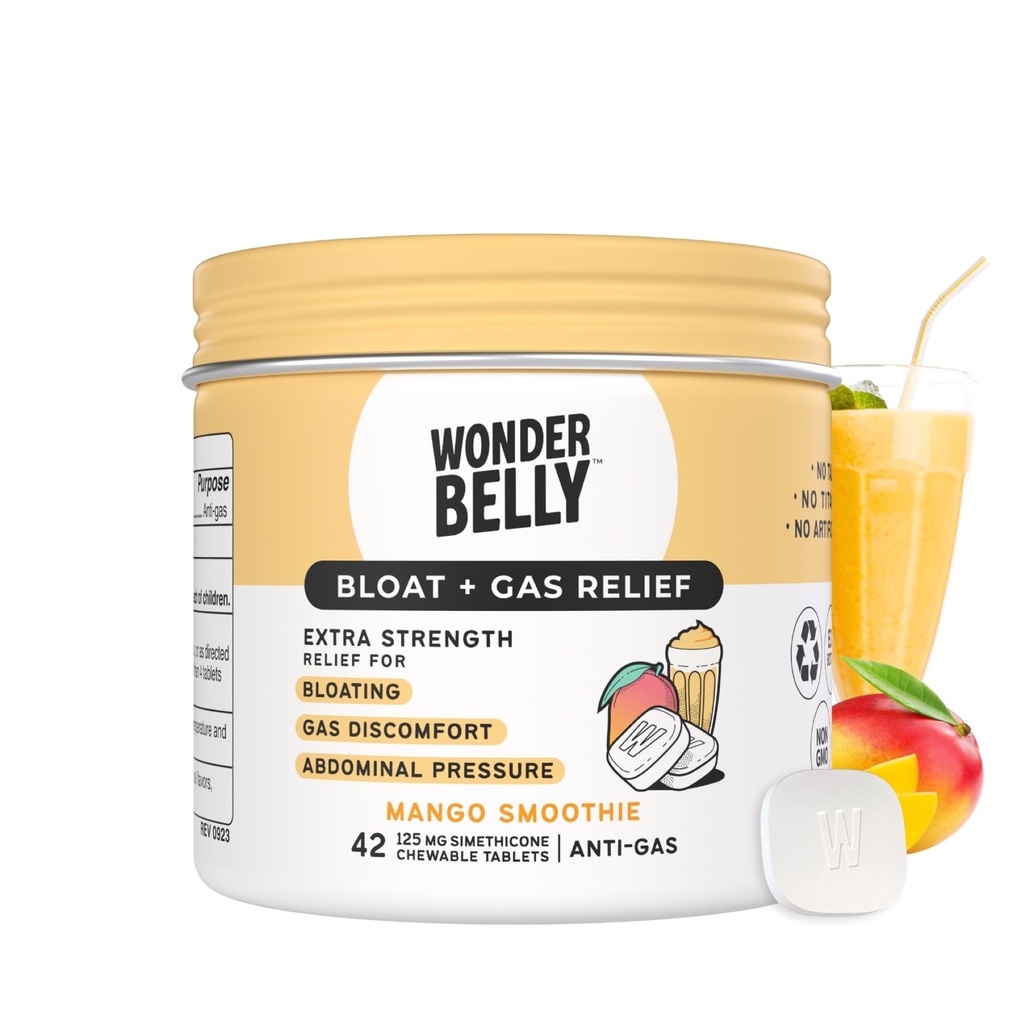 Bloat de Wonderbelly + Relief de gaz, Comprimés croustillants extra-fort, avec 125 mg de Siméthicone, Pas de Talc ou de Tee, Smoothie de Mangue, 42 Compte