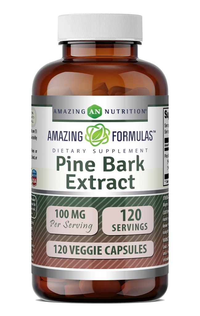 Formules étonnantes Supplément d'extrait d'écorce de pin $ 100 Mg par service $ 120 Capsules de légumes $ Non-GMO $ Sans gluten $ Fabriqué aux États-Unis