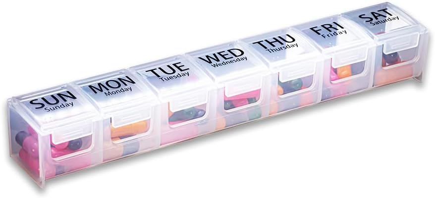 Organisateur hebdomadaire de pilules GMS - Cas de pilules de 7 jours pour suppléments, vitamines et médicaments - Latchs sécurisés - Idéal pour usage quotidien et voyage - Clair