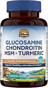 Vitalitown Glucosamine Chondritine MSM, Turmère, Collagène, Acide hyaluronique, Boswellia, Quercetin, 11-en-1 Formule, Glucosamine Sulfate 1500 mg, Pas de mollusques, Flexibilité et confort, 180 capsules