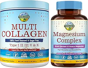 Terranics Multi Collagène Peptides Poudre et supplément complexe de magnésium 5-en-1