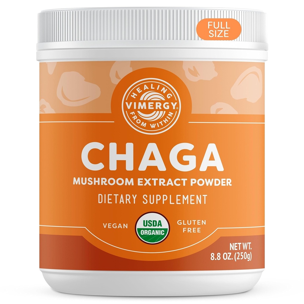Vimergy USDA Bio Wild Chaga Extrait de champignons en poudre, 166 portions – Idéal dans le thé Chaga, café, smoothies – Support cardiovasculaire - Kosher, végétalien, sans gluten, paléo - pur Chaga, sans remplissage (250g)