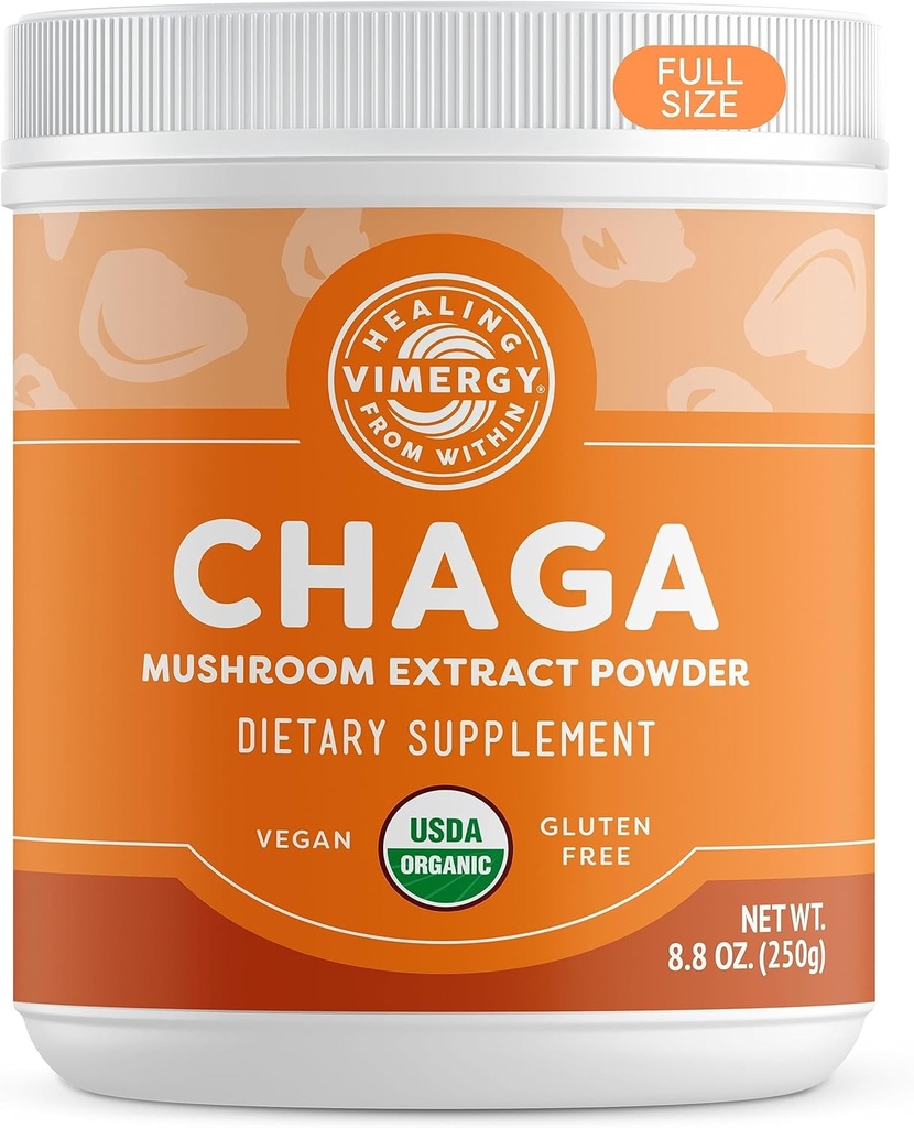 Vimergy USDA Bio Wild Chaga Extrait de champignons en poudre, 166 portions – Idéal dans le thé Chaga, café, smoothies – Support cardiovasculaire - Kosher, végétalien, sans gluten, paléo - pur Chaga, sans remplissage (250g)