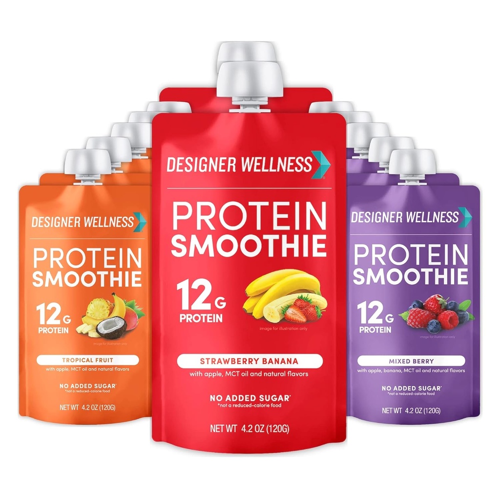 Designer Wellness Protein Smoothie, Real Fruit, 12g Protéines, Faible Carb, Zéro Sucre ajouté, Sans gluten, Non-OGM, Pas de Couleurs artificielles ou d'arômes, Lot de variétés, 12 Compte