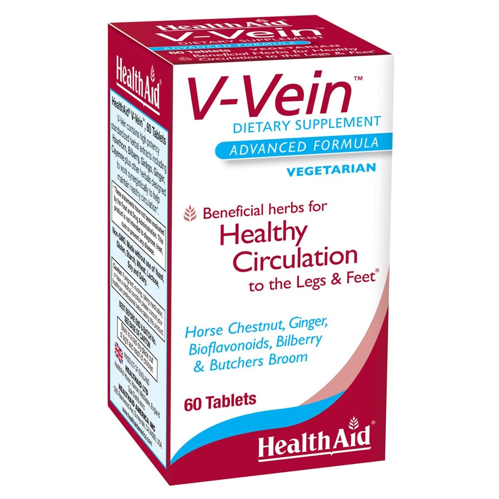HealthAid V-Vein, nutriments bénéfiques pour la circulation saine des jambes et des pieds, 60ct, une fois par jour, contient du ginkgo, graines de raisin, vitamine C et bilberry, végétalien