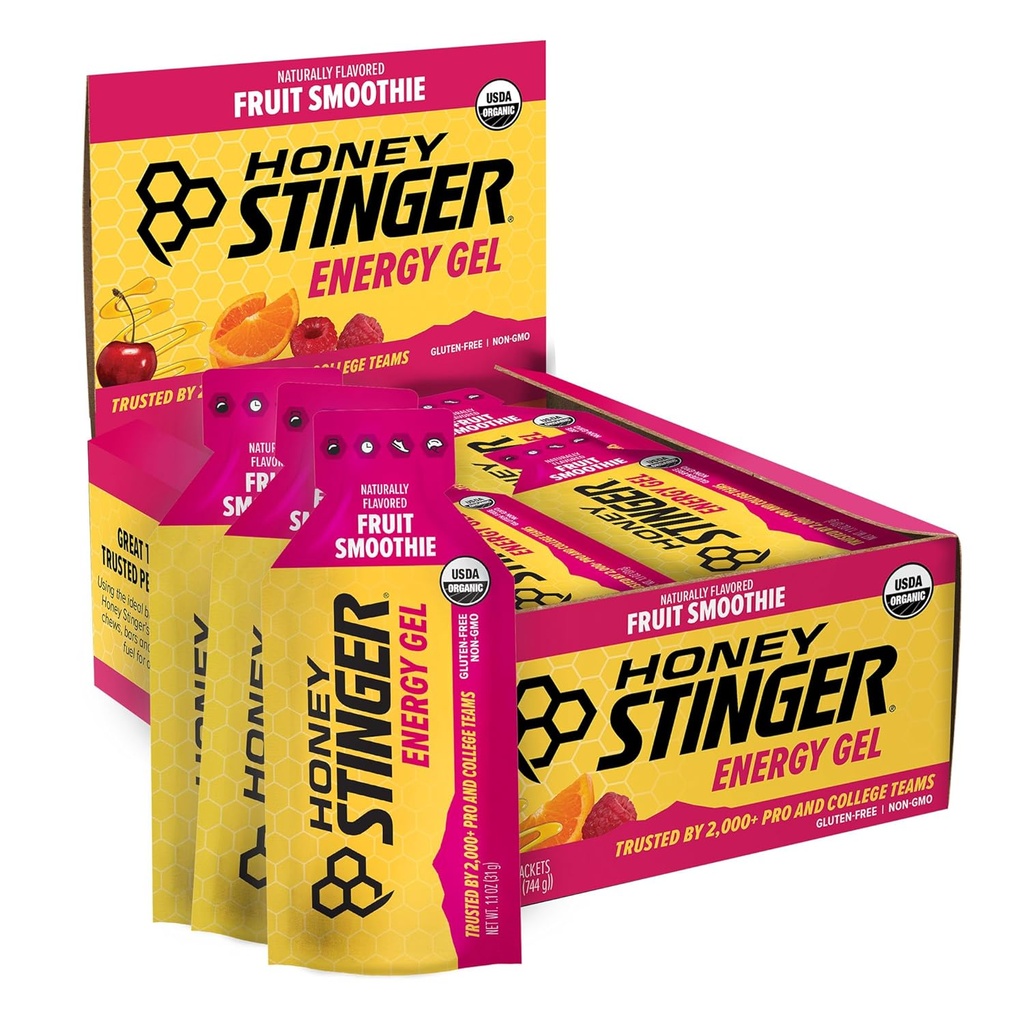 Miel Stinger Fruit Bio Smoothie Gel d'énergie, sans gluten et sans caféine, pour l'exercice, la course et la performance, la nutrition sportive pour la maison et le gym, l'entraînement pré et mi, 24 Pack, 26.4 Ounce