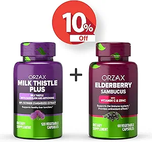 ORZAX Thistle Lait Plus avec Dandelion et Artichaut 120 Capsules Vegatables et Elderberry Capsules 2000mg Sambucus, Bundle