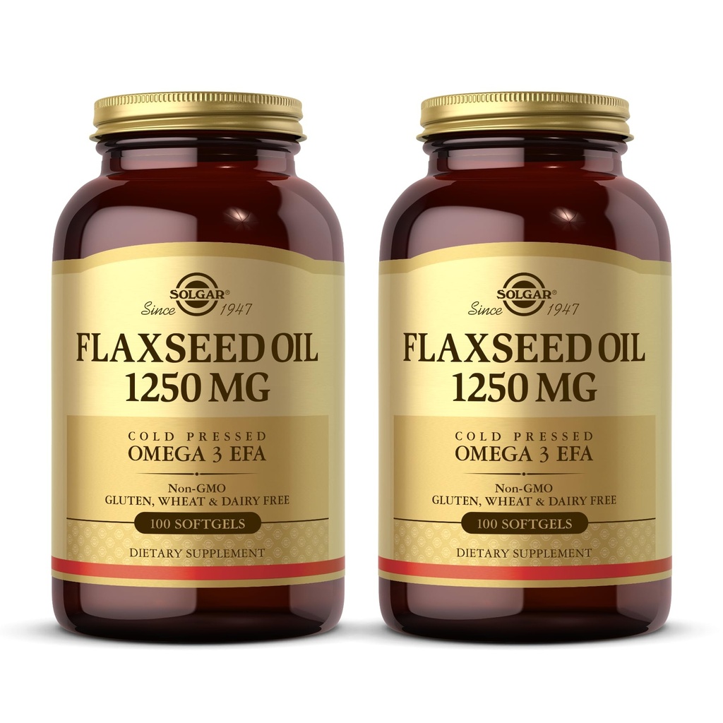 Solgar Huile de lin 1250 mg - 100 softgels, boîte de 2 - Source végétale concentrée de l'acide oméga-3 alpha-linoléique (ALA) - Non-OGM, sans gluten - 100 portions totales