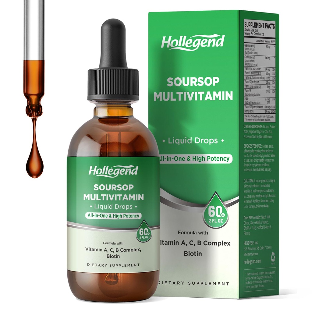 Soursop Multivitamine gouttes liquides, multivitamines méthylées avec Graviola Soursop Bitters liquide pour le soutien immunitaire, cheveux, peau, santé du cerveau, 2 Fl Oz