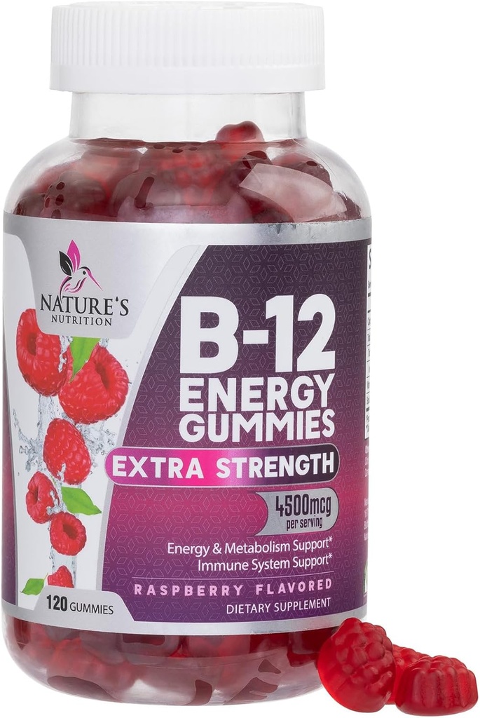 B-12 Gommies d'énergie vitaminique 4500mcg - Extra Strength B12 Gummy Chewables pour le métabolisme de l'énergie et le soutien immunitaire - Supplément alimentaire pour les femmes, les hommes et les enfants - Non-OGM, Vegan, Berry Flavor - 120 Compte