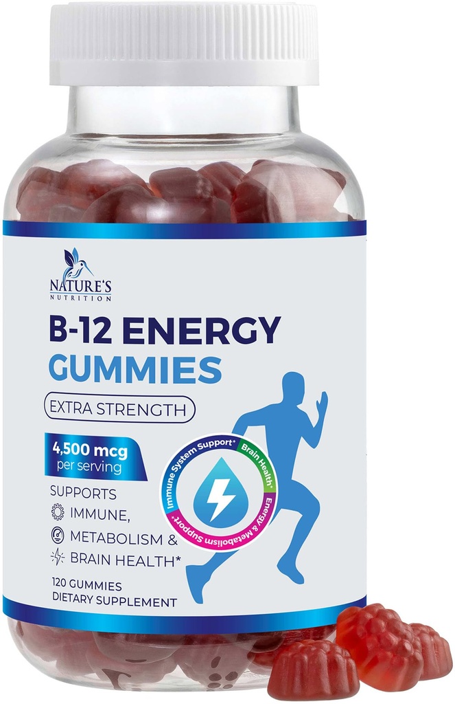 B-12 Gommies d'énergie vitaminique 4500mcg - Extra Strength B12 Gummy Chewables pour le métabolisme de l'énergie et le soutien immunitaire - Supplément alimentaire pour les femmes, les hommes et les enfants - Non-OGM, Vegan, Berry Flavor - 120 Compte