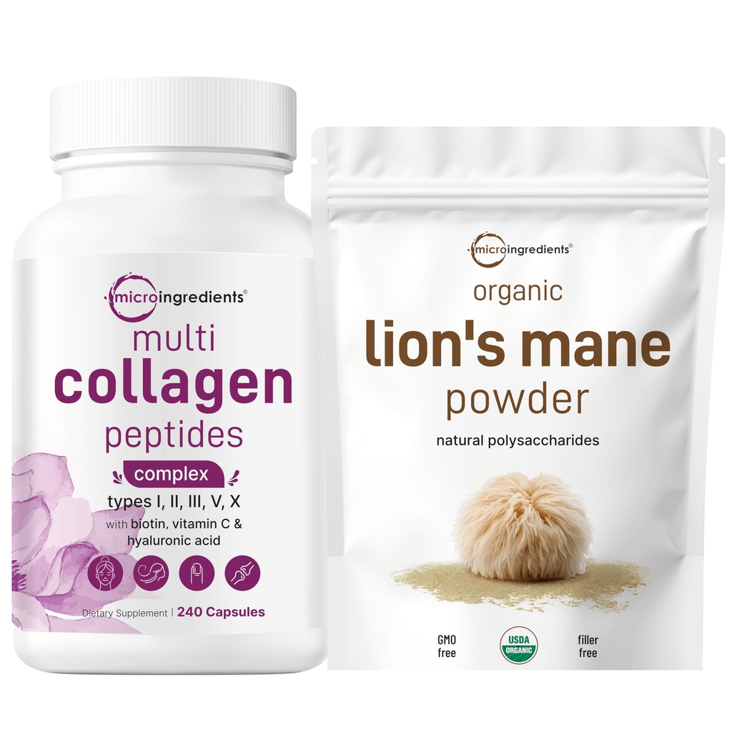 Micro-ingrédients Multi Collagène Complexe et Lions Mane Champignon Supplément Poudre Paquet 2 Paquet de Pâtisserie Collagène Herbacée Peptides