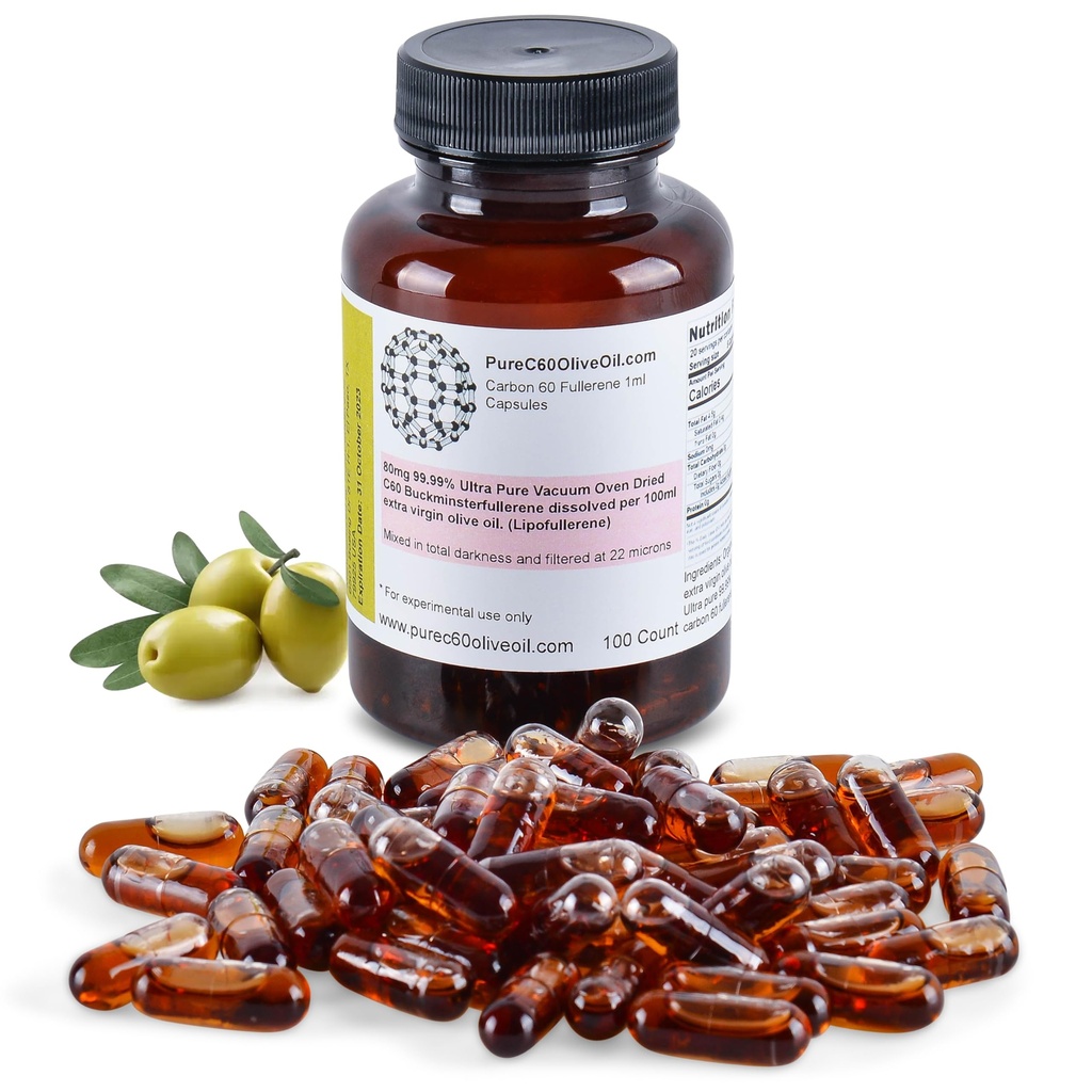 PureC60OliveHuile C60 Capsules d'huile d'olive biologique Pilules 100ml / 3,4 Fl Oz - 99,99% Carbon 60 Sans solvant 80mg - Qualité alimentaire - Carbon 60 Huile d'olive - du principal producteur mondial