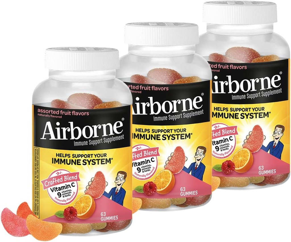 Supplément de soutien pour immuno-vitamine C aéroporté 750mg Gommies pour adultes, goût de fruits assortis, mélange sans gluten avec des antioxydants puissants Vitamines A C & E, 63 Gommies (3 pack)